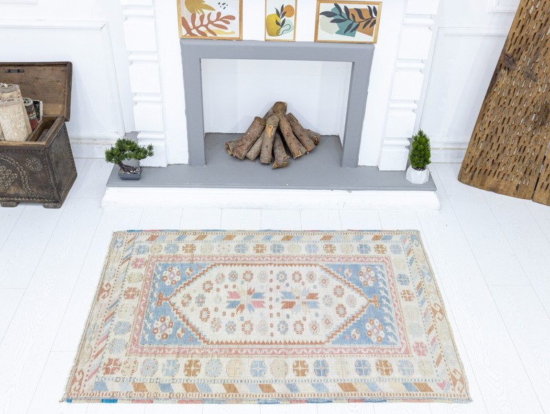 Turkish Oushak Rug, 3 x 4.7 ft, Blush Cream Blue, Romantic Pastel Vintage Decor gallery