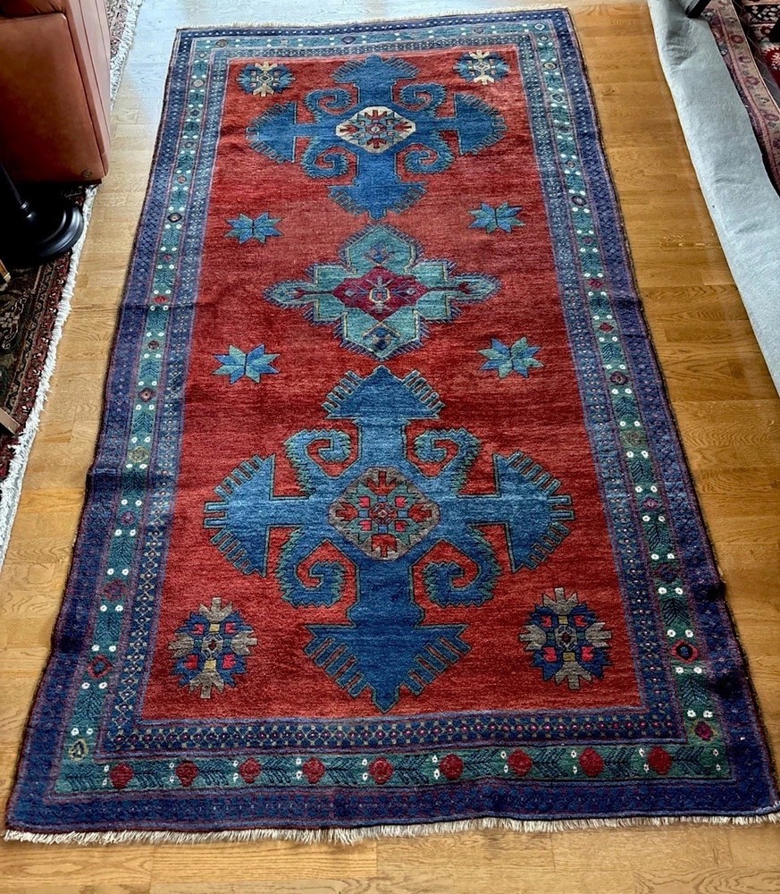 5 X 9 Antique Armenian Karabakh Rug C. 1900 May. Dyed Red Azure Blue Turquoise