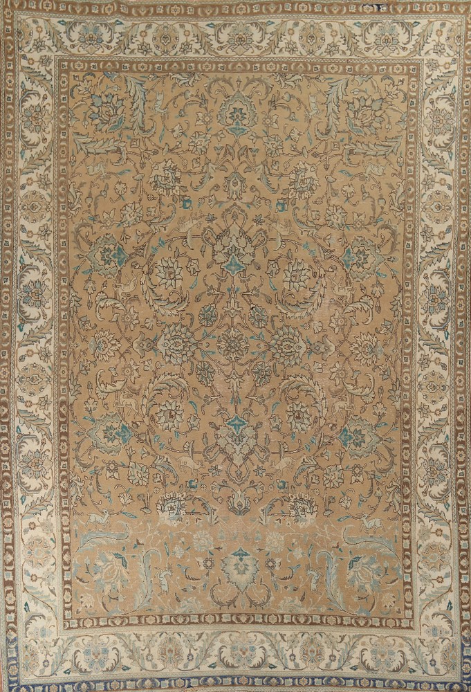 Vintage Muted Traditional Handmade Floral Tebriz Living Room Area Rug 9x12