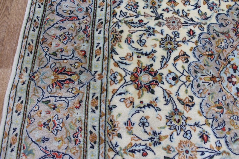 Fine Keshan Rug 218x145cm Hand Knotted Kurk Wool Signed Ivory Floral Medallion gallery