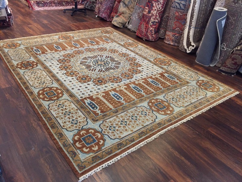 Hand Knotted Light Blue Brown Oushak Heriz Geometric Area Rug Carpet 8’x10’2,70 gallery