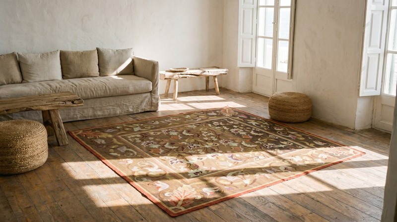 5'x5' Antique Square Brown Earth Tone Floral French Aubusson Flat Woven Rug gallery