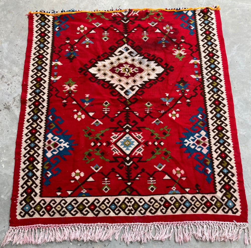 Vintage Handmad Turkish Geometric Traditional Wool Kilim Rug 116x105 cm
