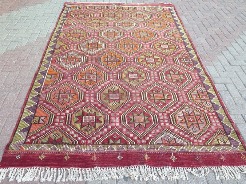 Vintage Anatolia Kilim Handwoven Wool Rug, Large Floor Carpet, Boho Rug 71"x115" gallery