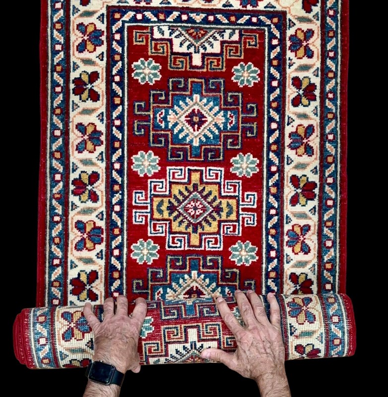 Brand New Colorful Small Runner Handmade Red Blue Gold Geometric Pak Kazak 2'x6' gallery