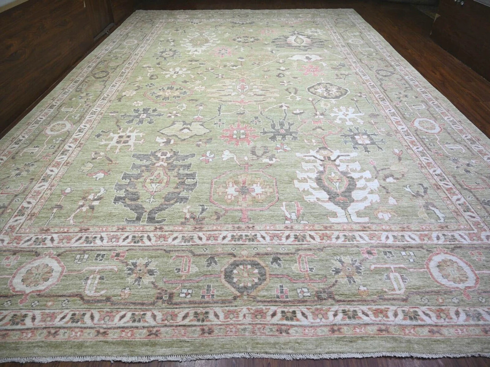 13'10"x19'8" Gin Green, Oushak Natural Dyes, Extra Soft Wool Hand Knotted Rug