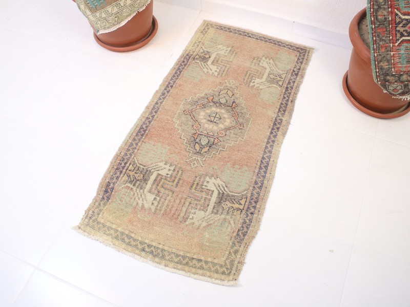 Vintage Turkish Door Mat 1.8x3.7 ft | Handmade Wool Tribal Accent Rug | 55x113 gallery