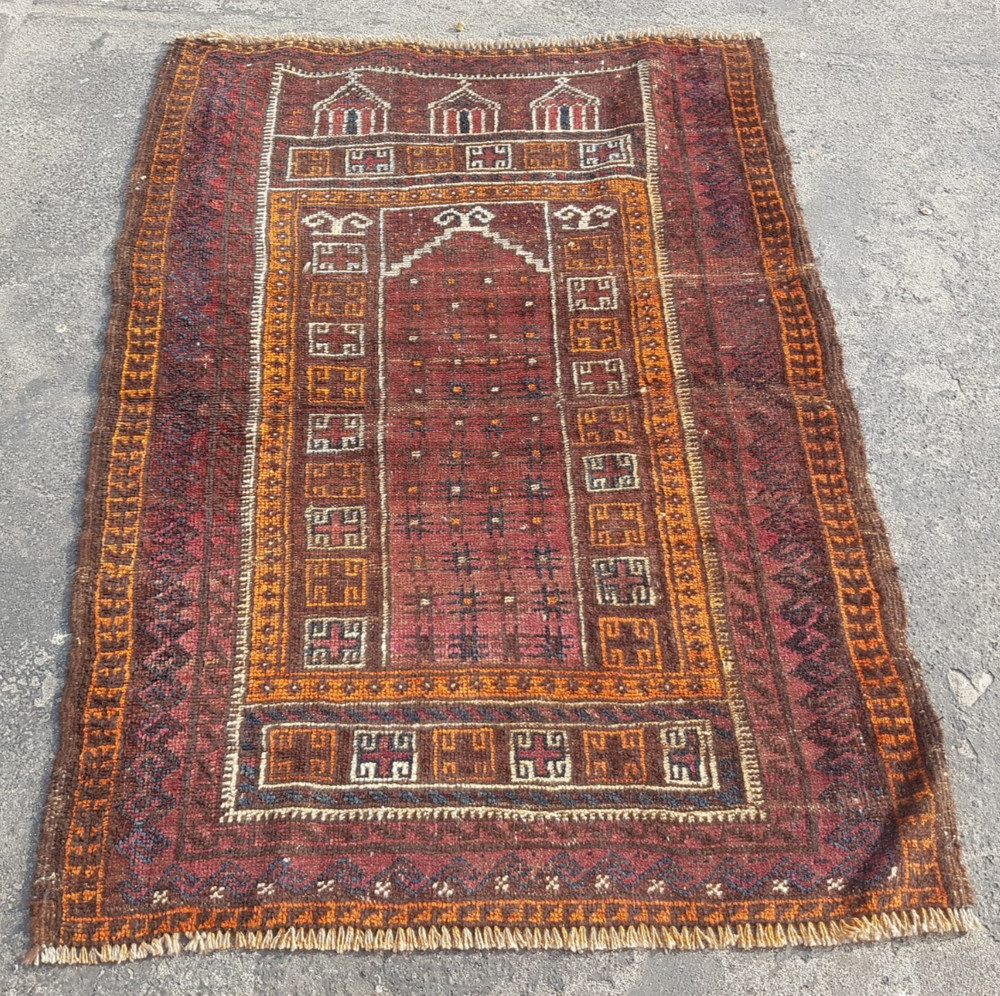 Vintage Hand Made Traditional Rug Oriental Wool Multicolor Carpet 134x95 cm
