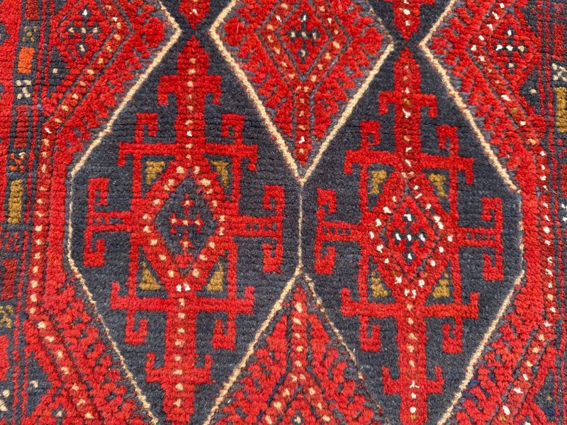 Vintage Afghan Mishwani Baluchi 2x12 Runner Rug, Handwoven Wool, Red Navy Rug gallery