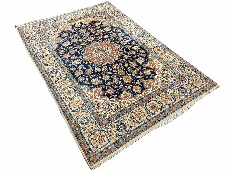 4x5 Ultra Fine Rug Handmade Rug Medallion Rug Floral Rug Beige Dark Blue Rug gallery