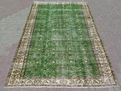 Emerald Green Floral Turkish Vintage Rug, Distressed Large Wool Carpet 69″x103″