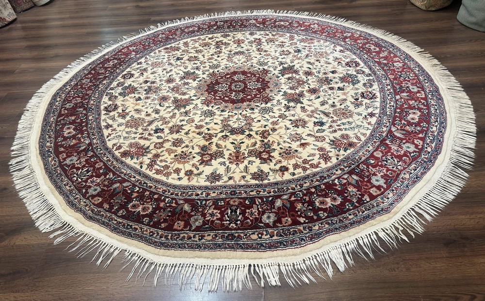 Round Sino Per'sian Rug 8x8, Wool and Silk, Floral Medallion, Ivory Dark Red