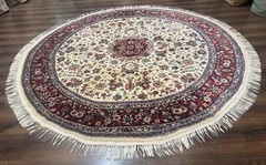 Round Sino Per’sian Rug 8×8, Wool and Silk, Floral Medallion, Ivory Dark Red