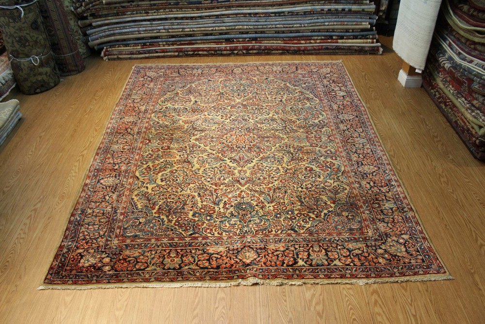 CIRCA 1900 ANTIQUE AUTHENTIC SAROUK RUG 9' x 11' FLORAL ORIENTAL RUG YELLOW