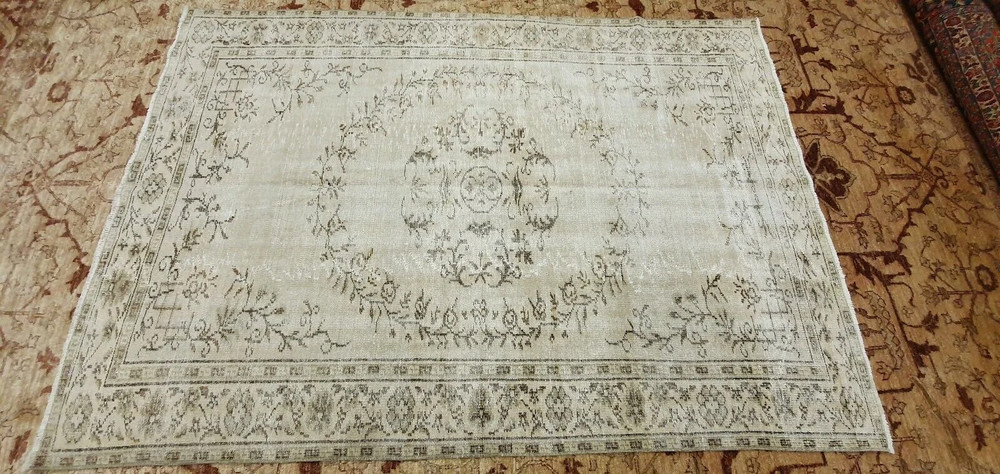Rare Antique 1930-1939s Wool Pile Sage Green Dye Distressed Oushak Rug 6x8ft