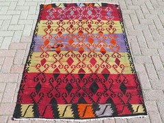 Vintage Turkish Kilim Boho Rugs, Handmade Floor Carpet, Bedroom Wool Rug 45″x62″
