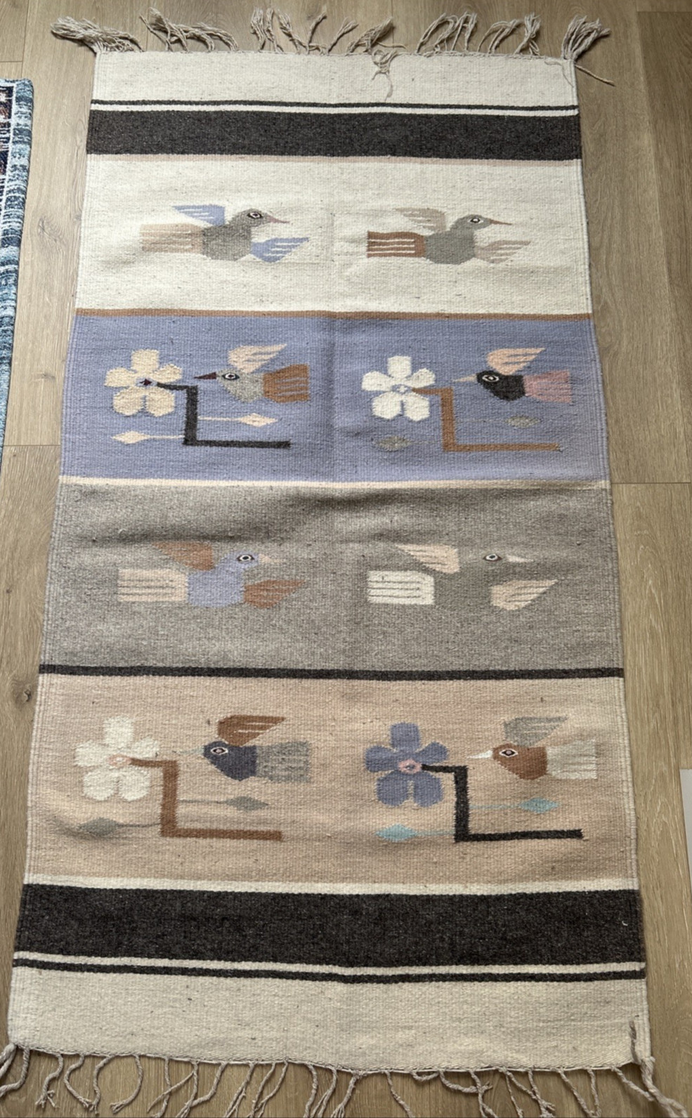 Vintage Mexico Zapotec Fringed Hand Woven Wool Rug Tapestry Flatweave Birds Folk gallery
