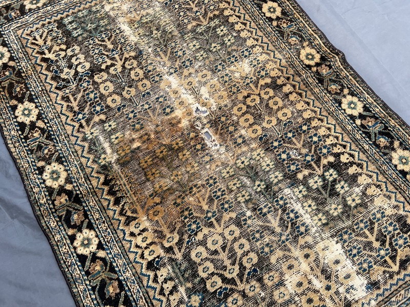 Blue Black Distressed Low Pile Rug 4x5 ft Hand Knotted Floral Vintage Carpet gallery