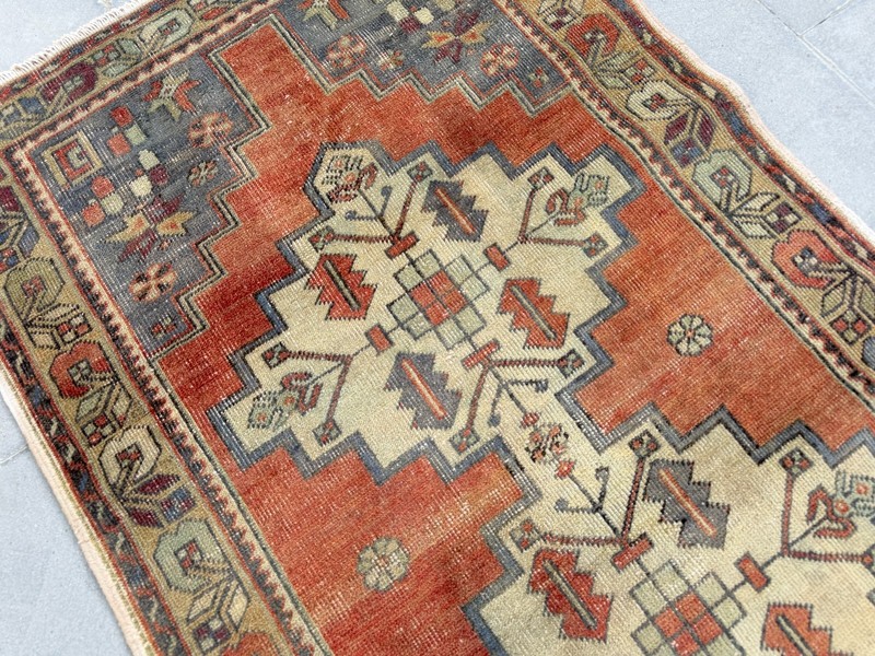 Handmade Turkish Rug 3.9x7.2 Ft Vintage Anatolian Wool Rug Terracotta Blue gallery