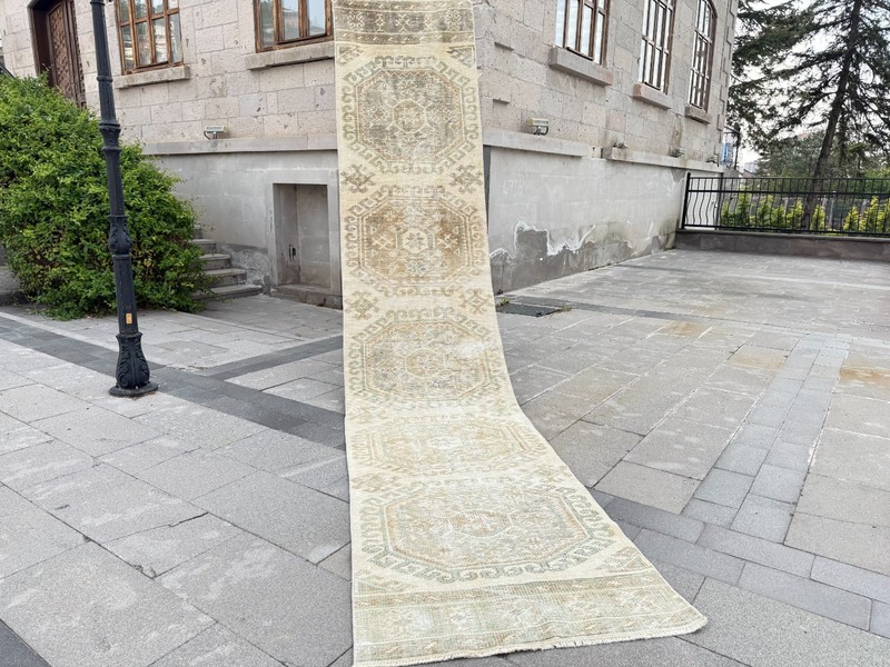 Vintage Oushak Runner Rug 2.7x12.6 ft Neutral Beige Muted Turkish Hallway gallery