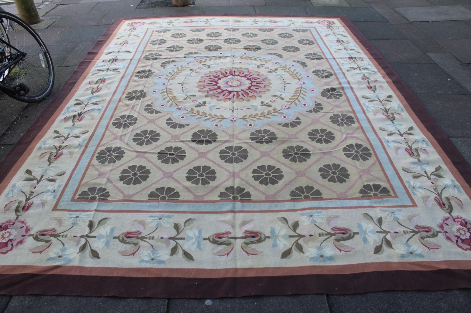 Old Hand Made French Design Wool Beige brown Green Original Aubusson 375X268cm gallery