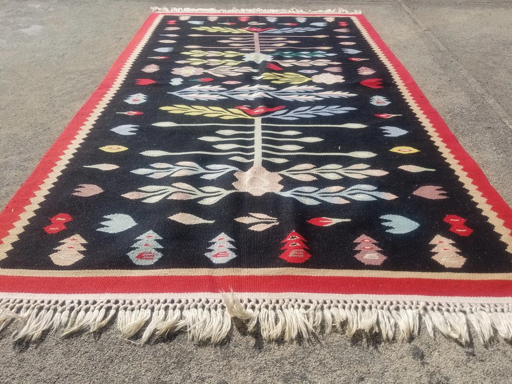 Vintage Traditional Handmade Turkish Wool Black Kilim 5.8x3.3ft