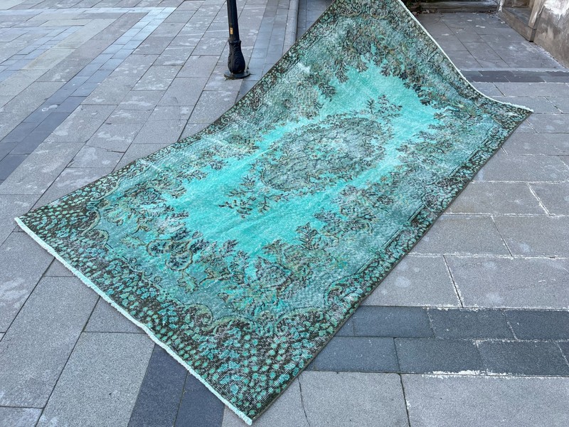 Vintage Turkish Oushak Overdyed Rug 5.5x9.8 ft Turquoise Teal Distressed gallery