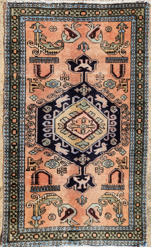 3'6"x2'1" ANTIQUE HAND KNOTTED CAUCASIAN KAZAK SERAPE TRIBAL WOOL MUTED RUG gallery