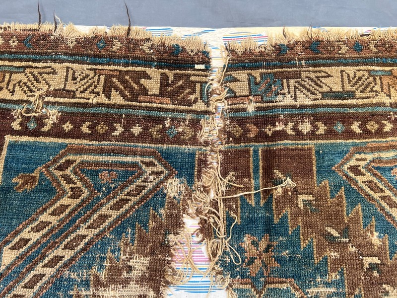 Blue Brown Distressed Low Pile Rug Hand Knotted Tribal Vintage Antique Carpet gallery