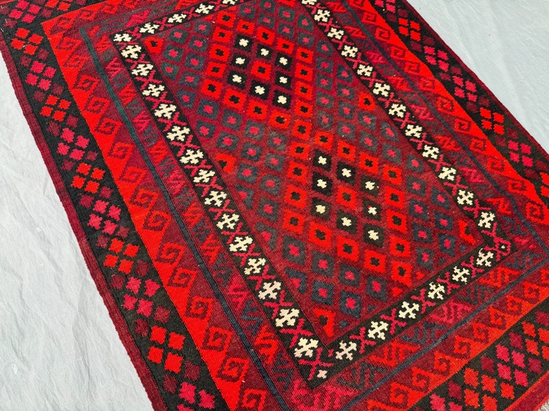 Vintage Afghan Ghelmori Kilim Rug, Handwoven Tribal Red Black Geometric Rug gallery