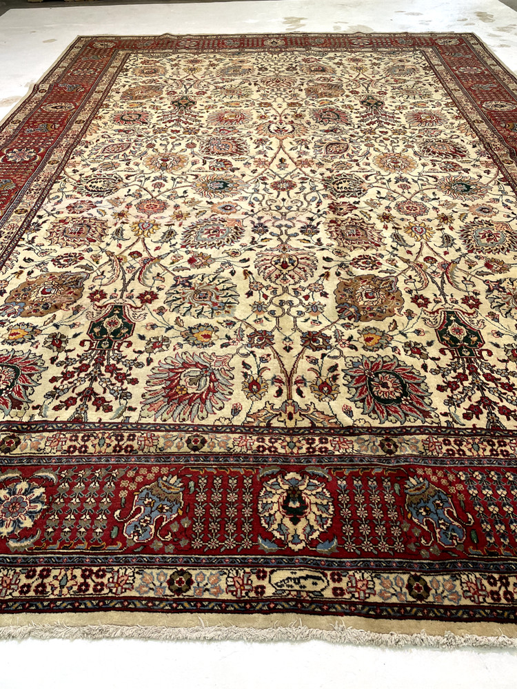 Antique Oriental Hand-Knotted Wool Area Rug Signed Ivory/Red/Blue 11'6" x 16'3"