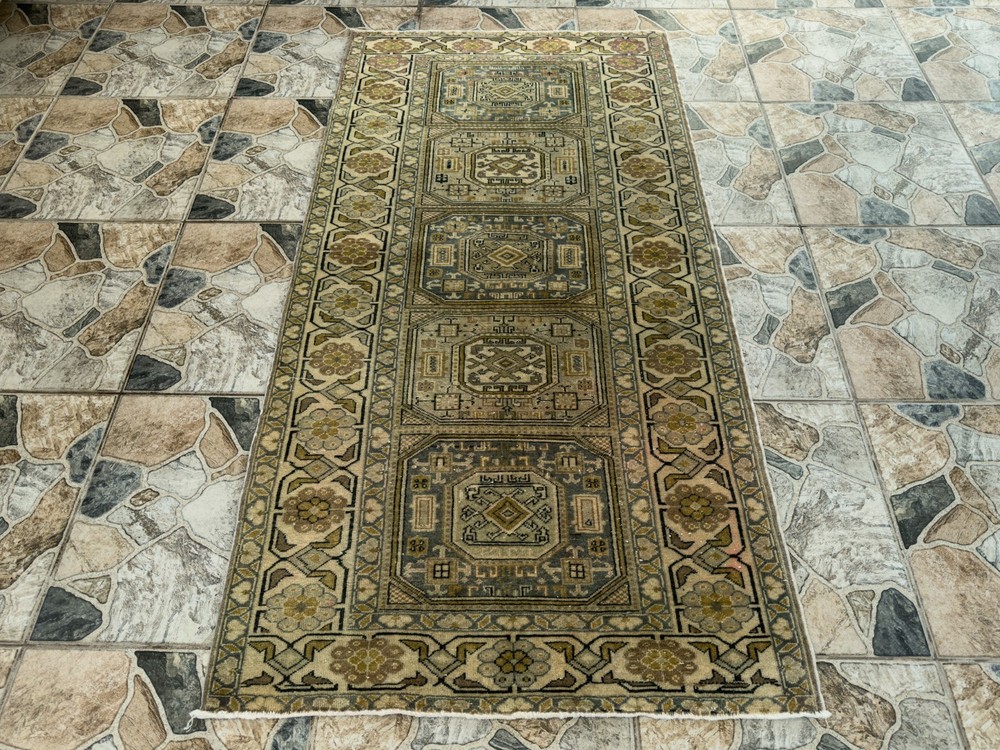 1980s Geometric Turkish Vintage Small Rug Tribal Handmade Anatolian Wool 3x6 ft