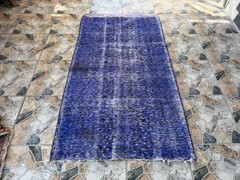1970s Vintage Turkish Overdyed Rug 3.5×6 ft Blue Hand-Knotted Wool Distressed