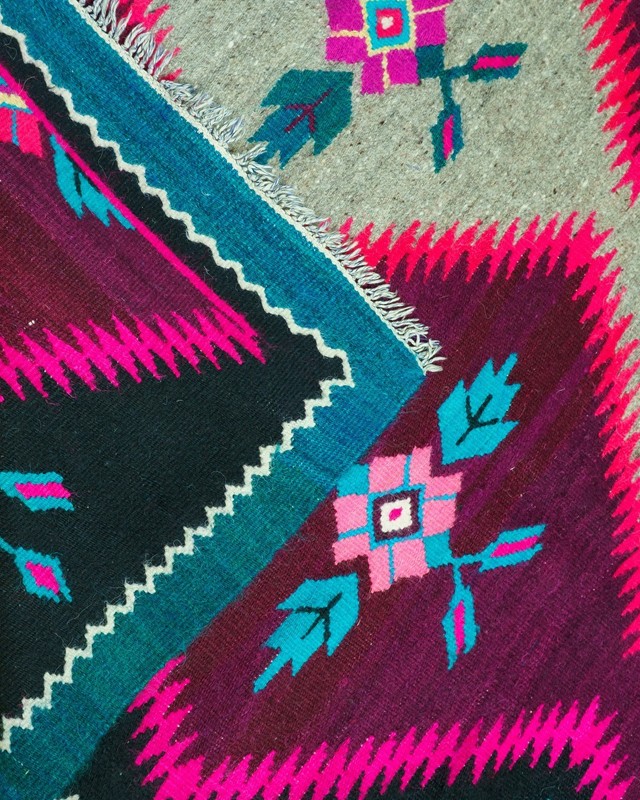 Oltenian Kilim Runner 100% Wool Geometric Purple Teal Pink 1970s Romania 13x6ft gallery