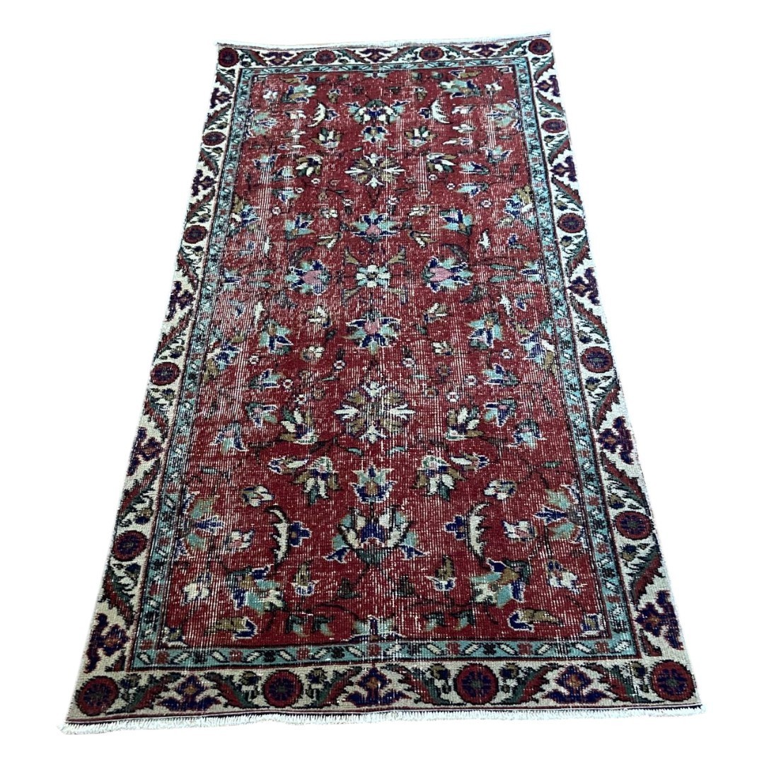 Handmade Red Vintage Oushak Carpet: 3.1x6.6 ft Turkish Floral Pattern Rug gallery