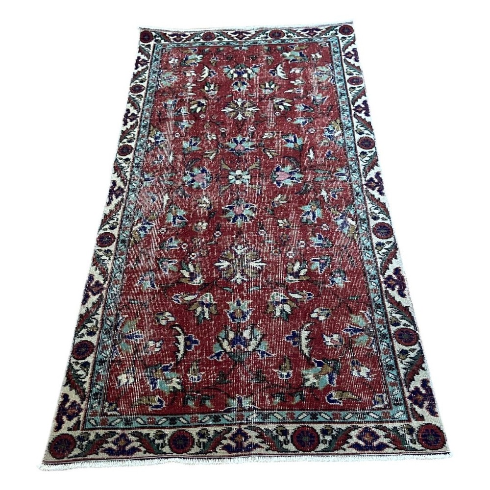 Handmade Red Vintage Oushak Carpet: 3.1x6.6 ft Turkish Floral Pattern Rug