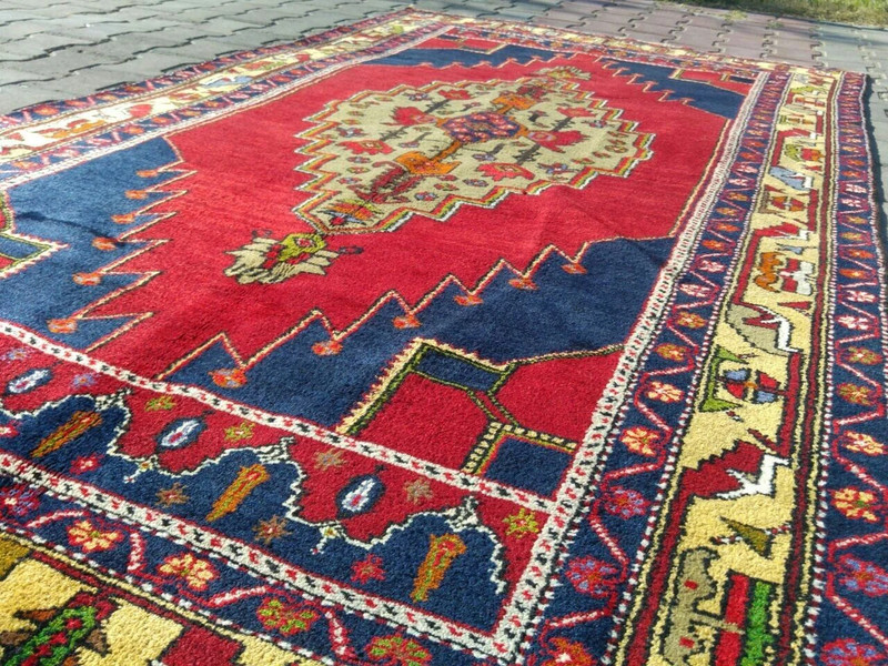 Antique Folk-Art 1930s Multi-Colored Wool Pile Dowry Rug Turkey 4’3”x 8’2” gallery