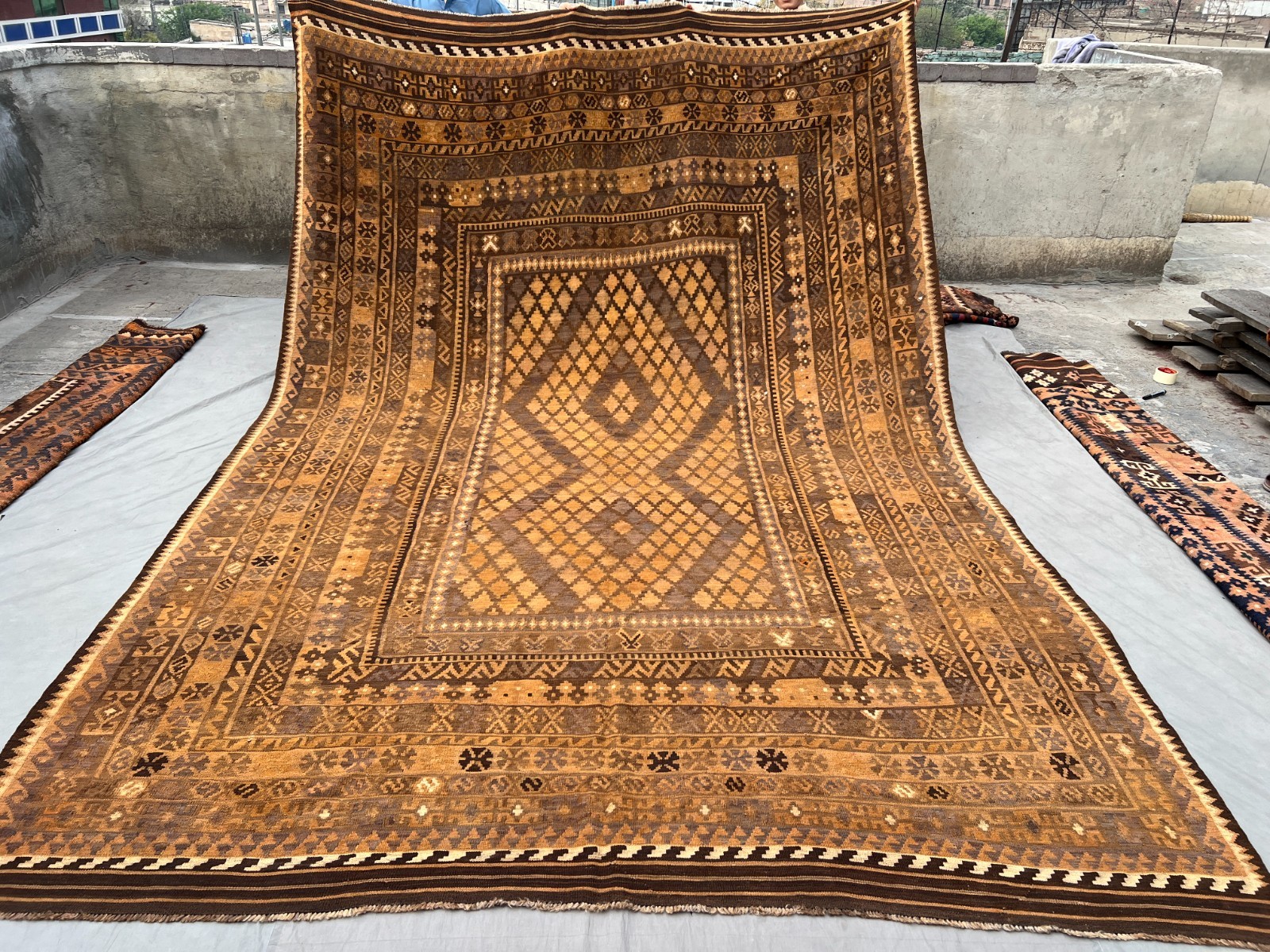 Vintage Afghan Flat Weave Kilim Rug Geometric Oversized Area Rug Farmhouse Decor gallery