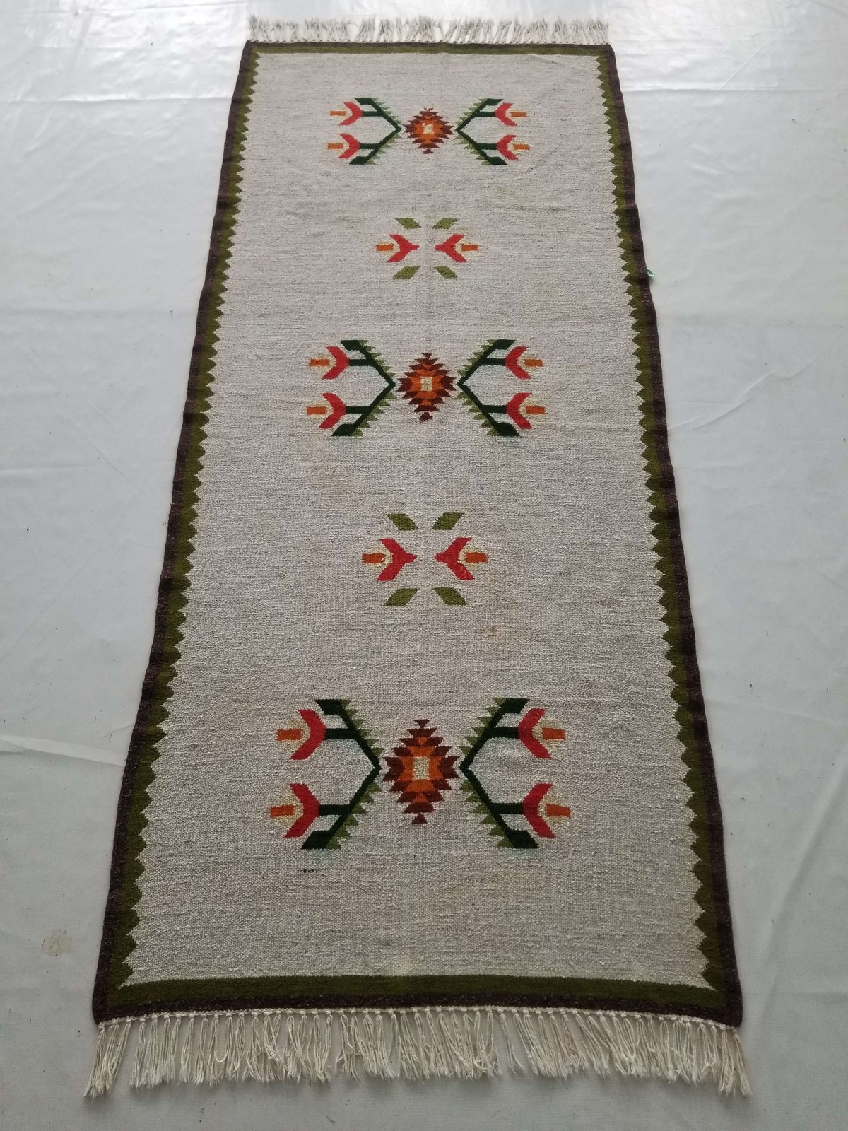Fine Vintage Traditional Hand Made Oriental Wool Green Grey Kilim 201x91cm gallery