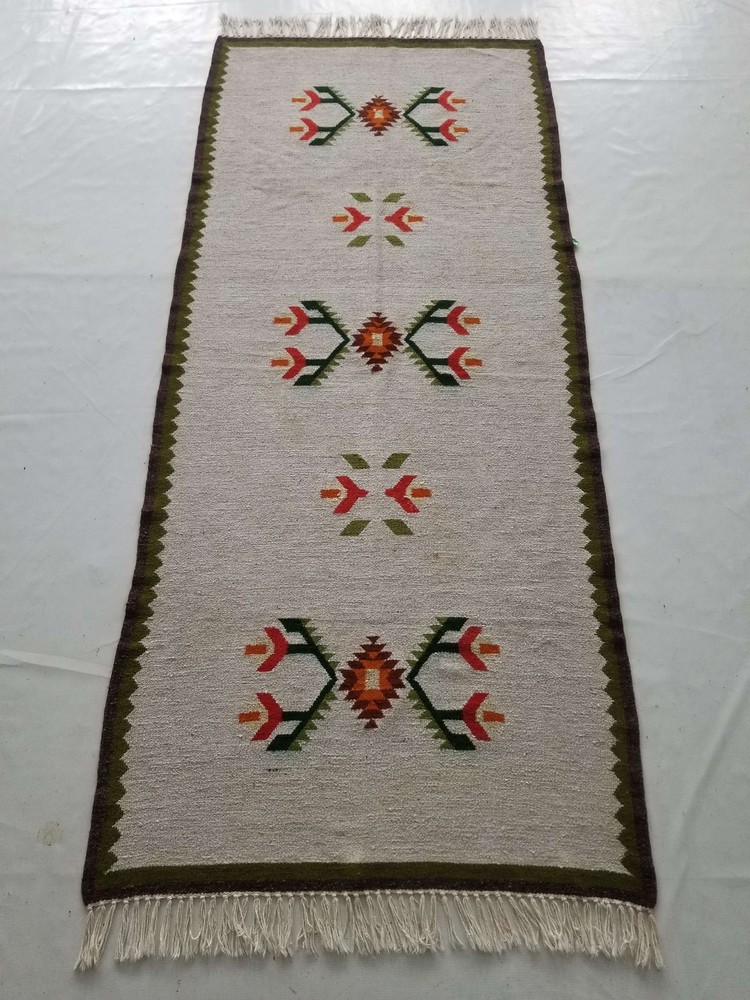 Fine Vintage Traditional Hand Made Oriental Wool Green Grey Kilim 201x91cm