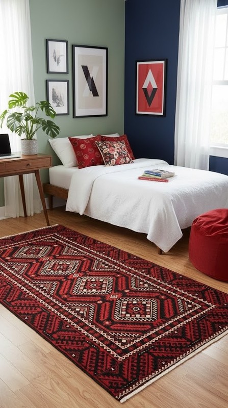 Handmade Oriental Rug Red Tribal Geometric Style Kitchen Decor Carpet 3'3X6'5 ft gallery