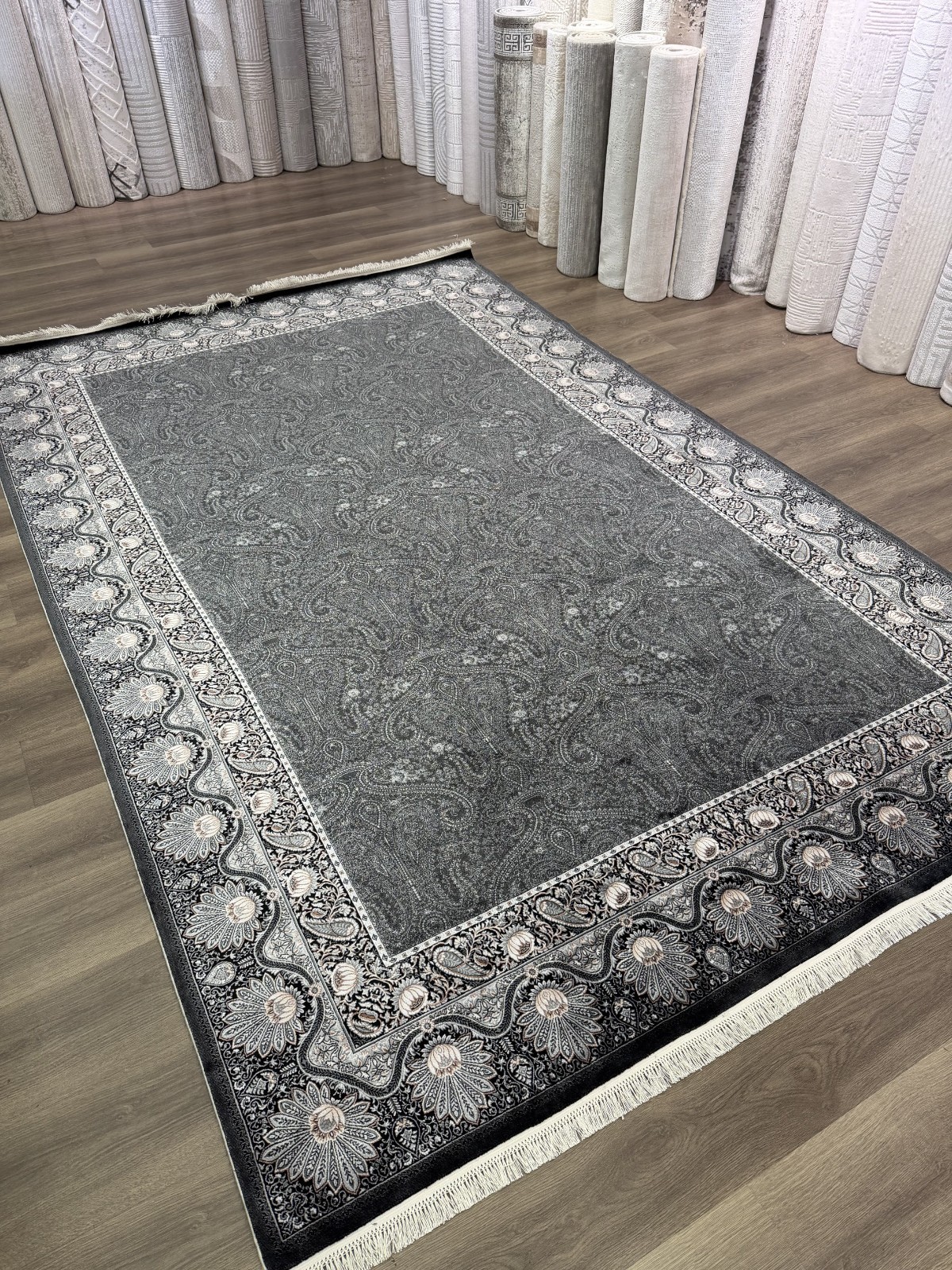 Turkish Silk Rug 7x10 ft Gray Black Oriental Area Rug Floral Paisley Design gallery