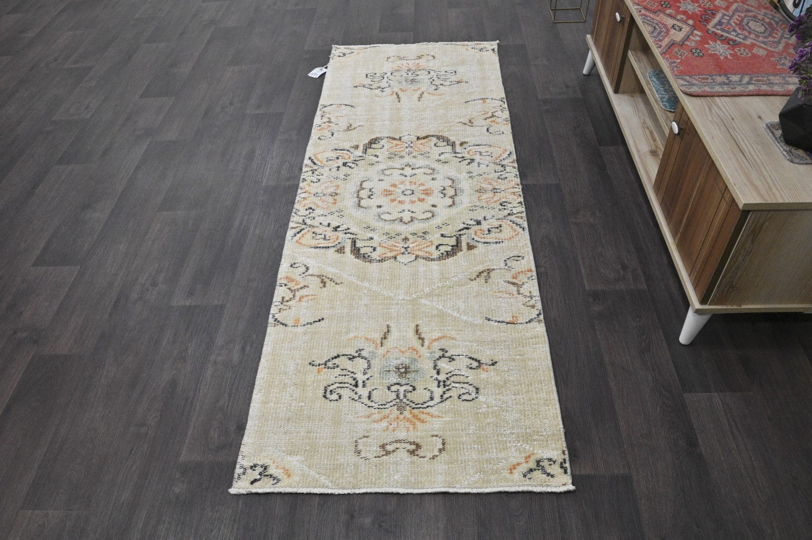 Vintage Turkish Runner Rug 2x7ft BEIGE Handmade Anatolian Oushak Hallway Wool gallery