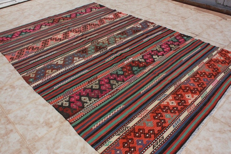 KILIM RUG 5x8, TURKISH KILIM AREA RUG WOOL 64" x 94", KELIM CARPET RUG STRIPES gallery