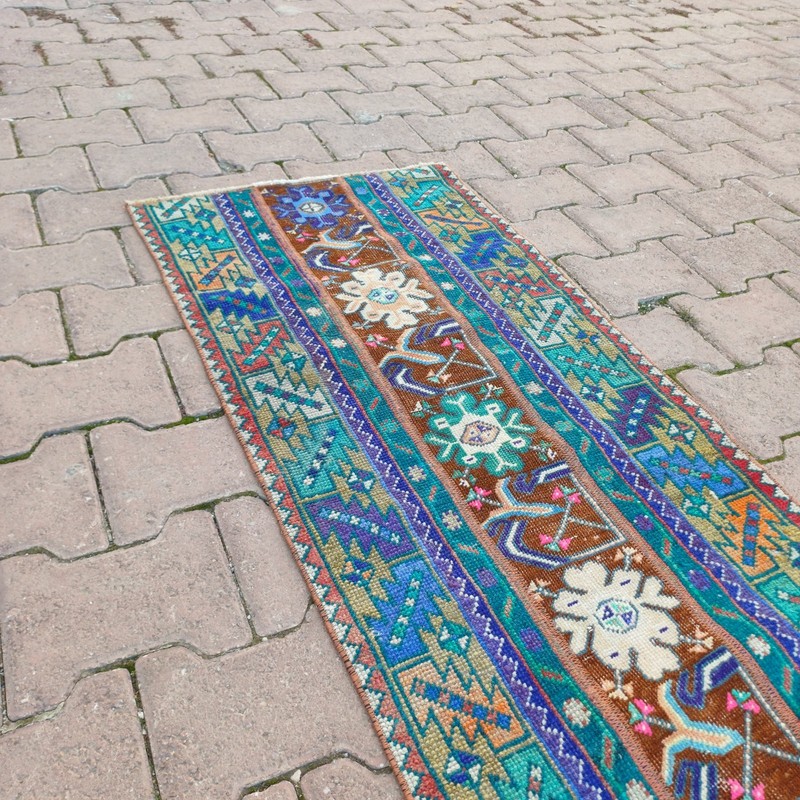 Turquoise Brown 1x4 ft Vintage Turkish Wool Accent Rug For Entryway- Tariff Free gallery