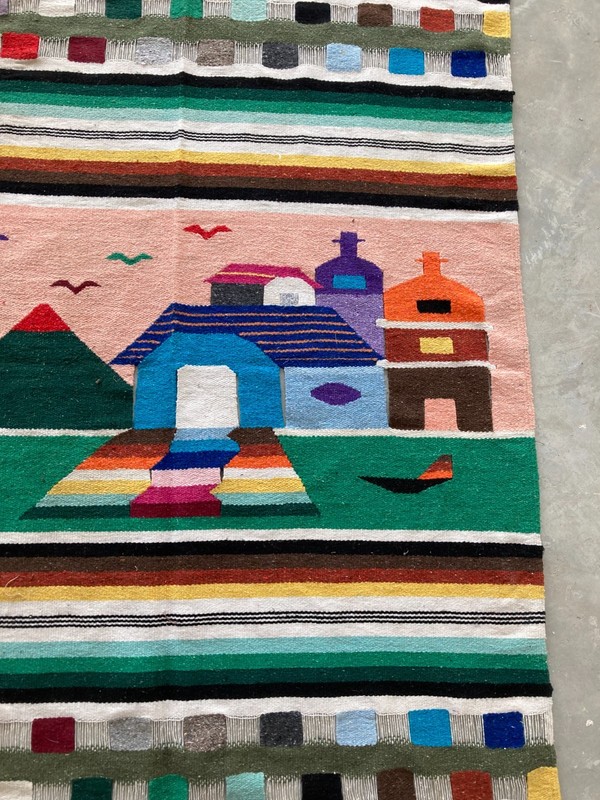 Vintage Handmade Mexican Pictorial Wool Kilim Rug Carpet 223x120 cm gallery