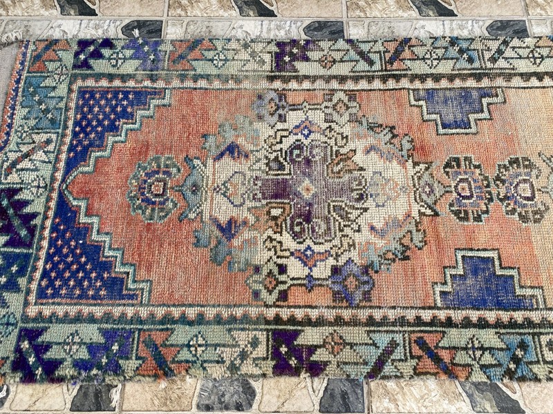 1970s Vintage Turkish Runner Rug | 2.5 x 10.3 ft Hand-Knotted Wool Geometric Rug gallery