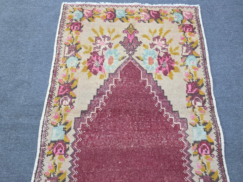 Vintage Turkish Prayer Rug 3x4 Hand Knotted Wool Floral Carpet gallery