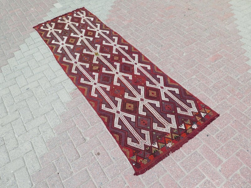 Vintage Turkish Kilim Runner Folk Motifs on Deep Red, Boho Hallway Rug 34"x104" gallery