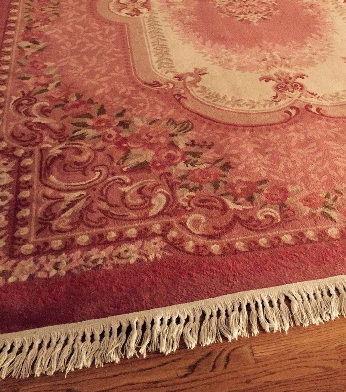 Vintage Large PINK Floral WOOL Rug~French Scrolls Detailed Borders with Fringe gallery